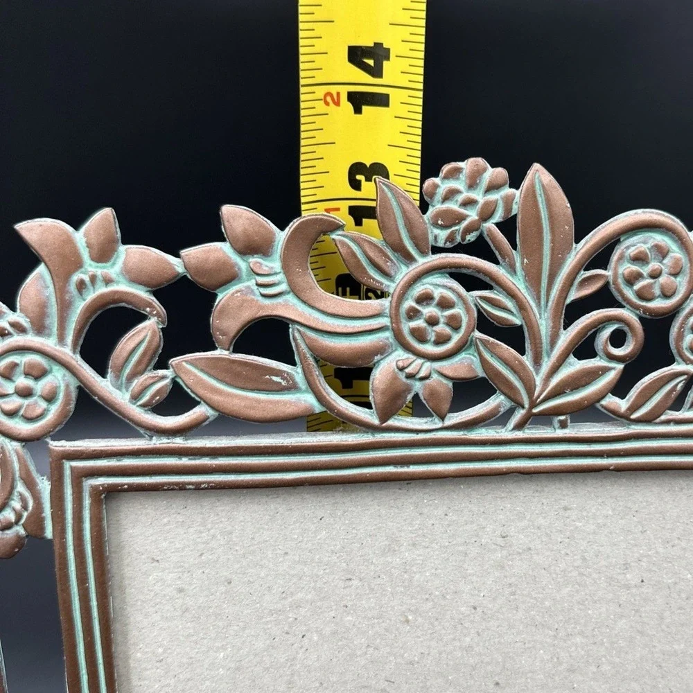 Vtg 8x10 Floral Cast Metal Picture Frame Copper Tone Turquoise Verdigris Photo